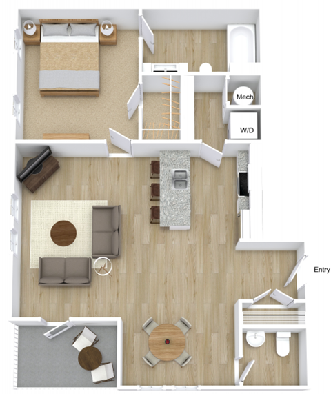 Floor plan for 1 bed, 1.5 baths, 784 sqft